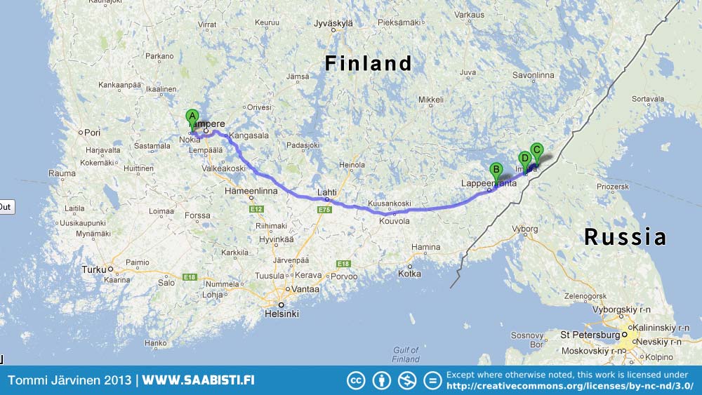 The route: Nokia > Lappeenranta (Tikkis) > Imatra (meeting and car museum)