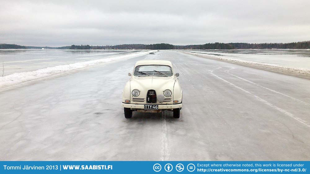 Saab 96 1964 on ice road. A few months on it's going to be boats sailing here.