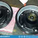 Machined Saab 95 wheel hubs. The right hand one already has the inner bearing in place.