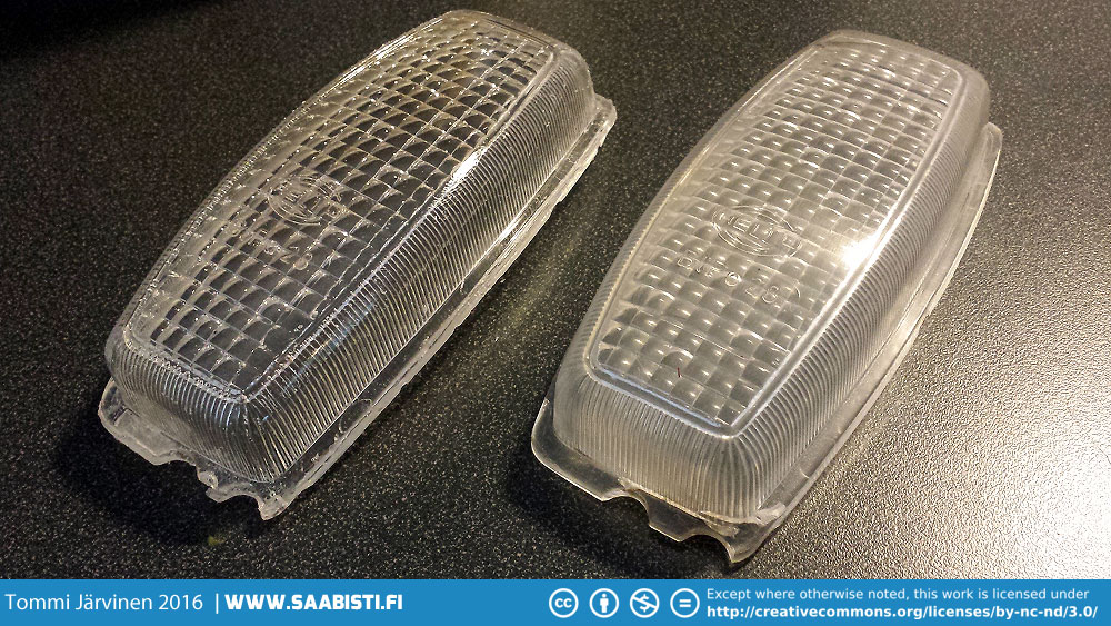 Polyester resin cast light lens on the left. Original Saab part on the right.
